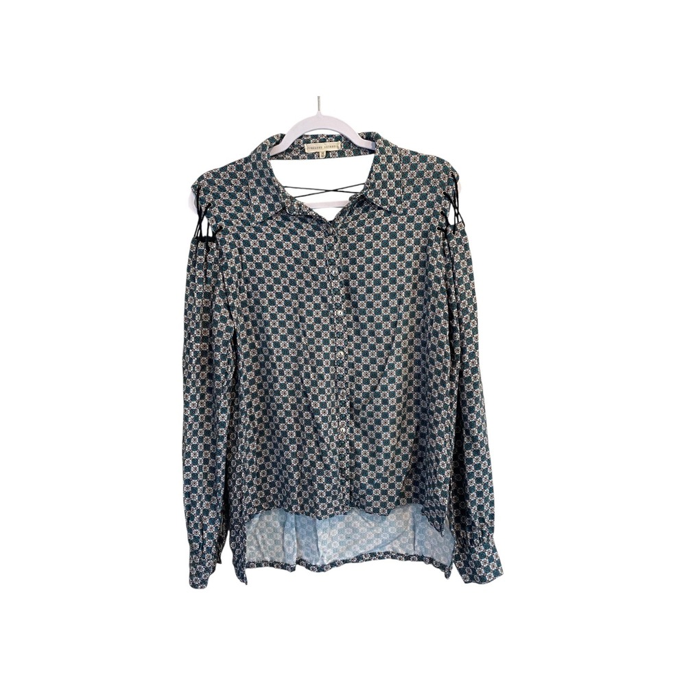 Gilded Intent Women's Blue Geometric Print Lace-Up Long Sleeve Blouse Top